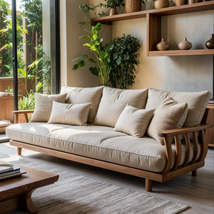 Solid Wood Frame Sofa with Linen Cushions for Organic Modern Living