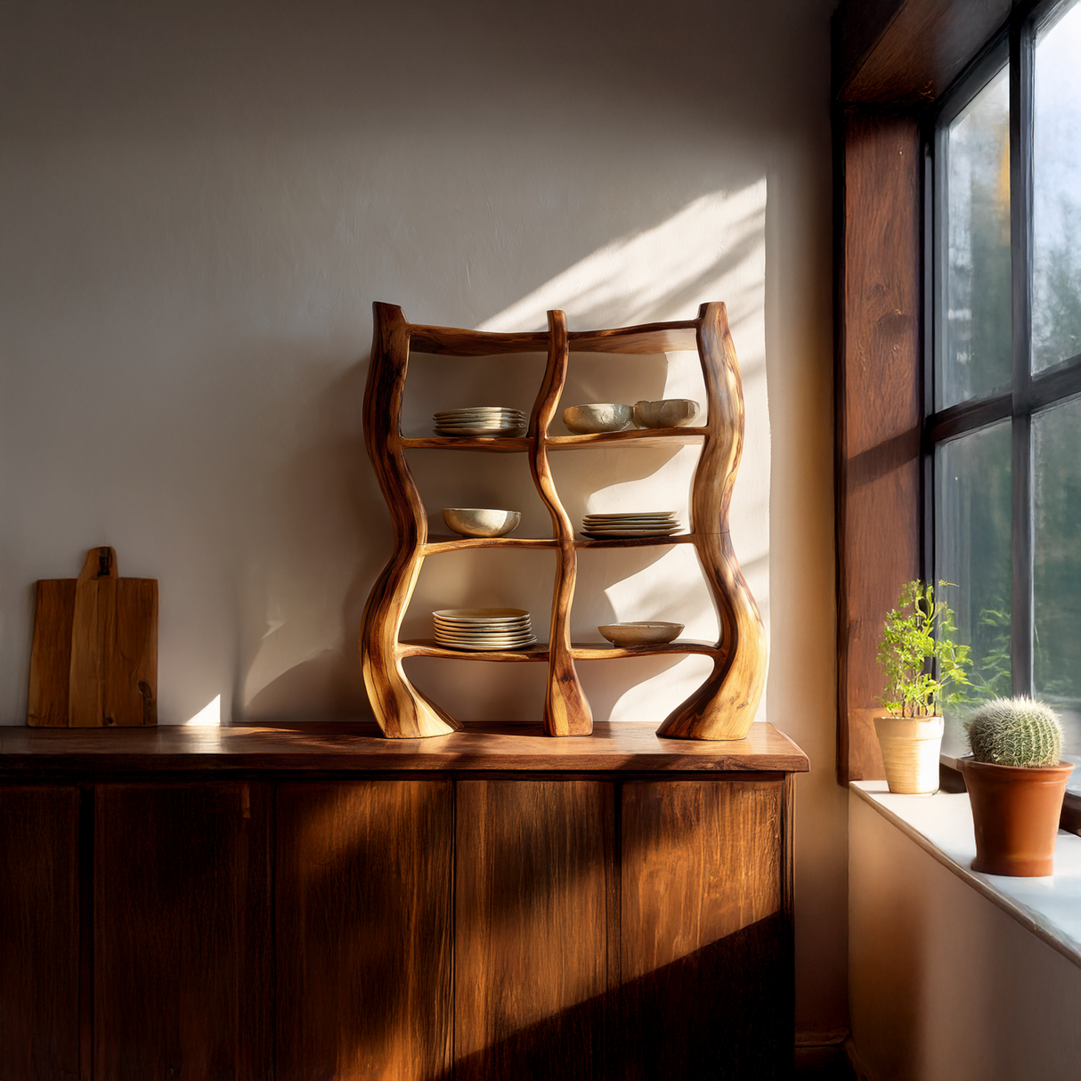 Organic Curved Solid Wood Display Shelf for Modern Homes