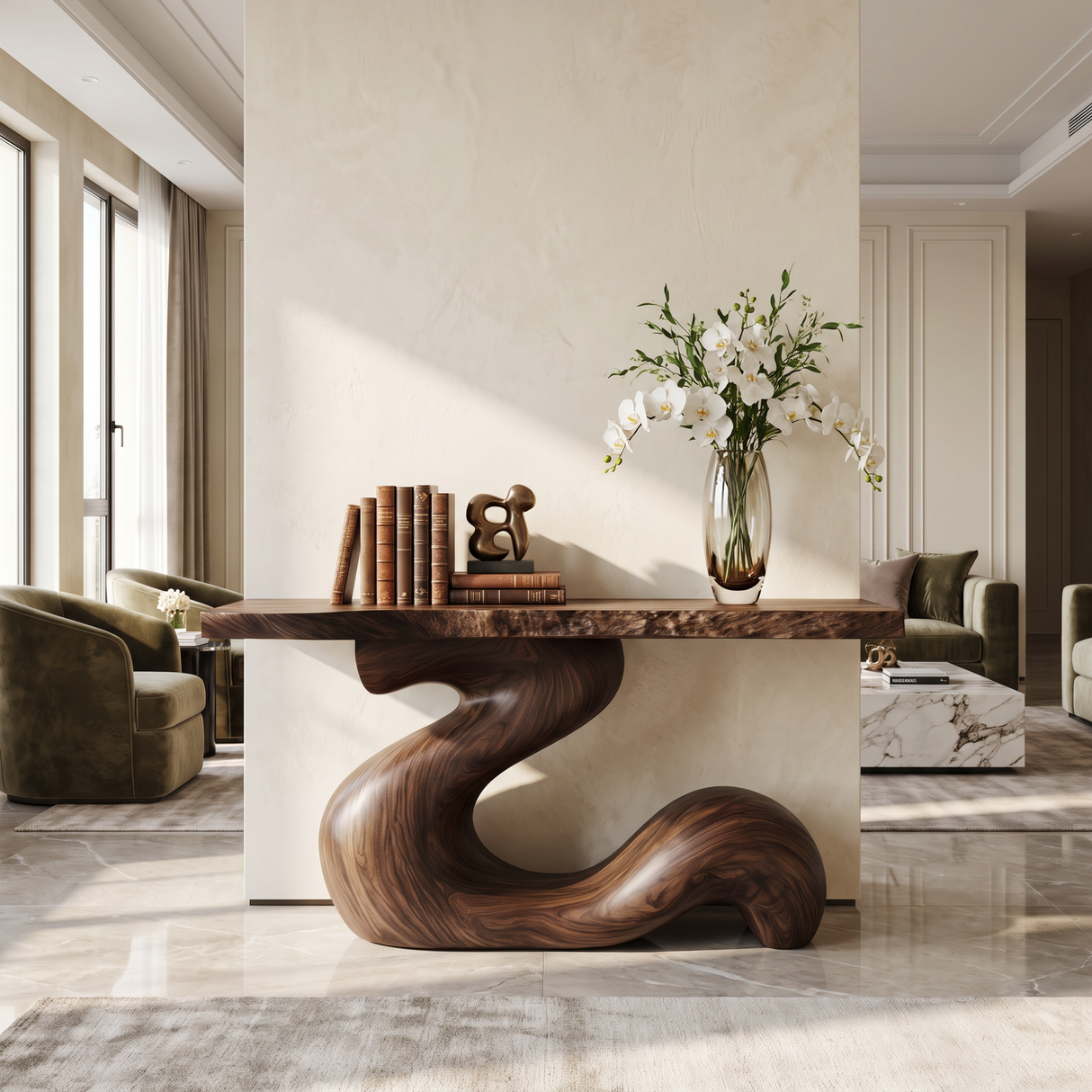 Console Table Solid Wood with Sculptural S Curve Base for Entryway Decor