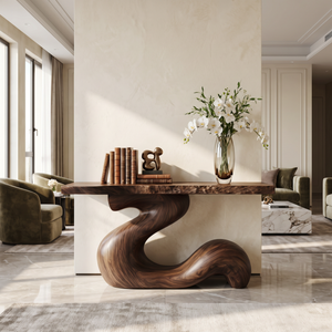 Console Table Solid Wood with Sculptural S Curve Base for Entryway Decor
