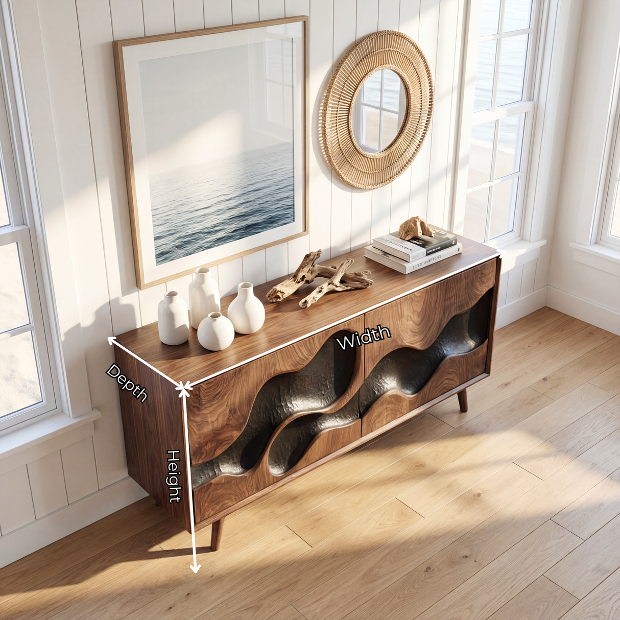 Sculpted Hollow Wave Front Wood Sideboard Cabinet for Living Room or Dining Room