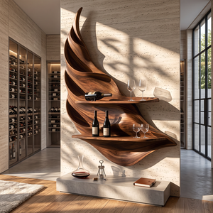 Twisting Leaf Solid Wood Wall Wine Holder with Two Display Shelves