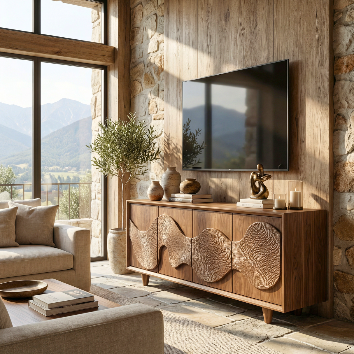 Solid Wood TV Cabinet with Wave Carved Doors for Organic Modern Interiors