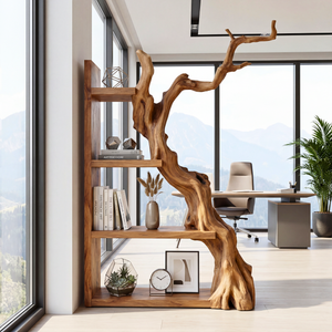 Vertical Solid Wood Bookshelf with Sculptural Tree Form Organic Modern Display Shelf