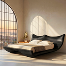 Sculptural Wood Platform Bed with Organic Wave Headboard, Modern Statement Bed Frame for Minimalist Interiors