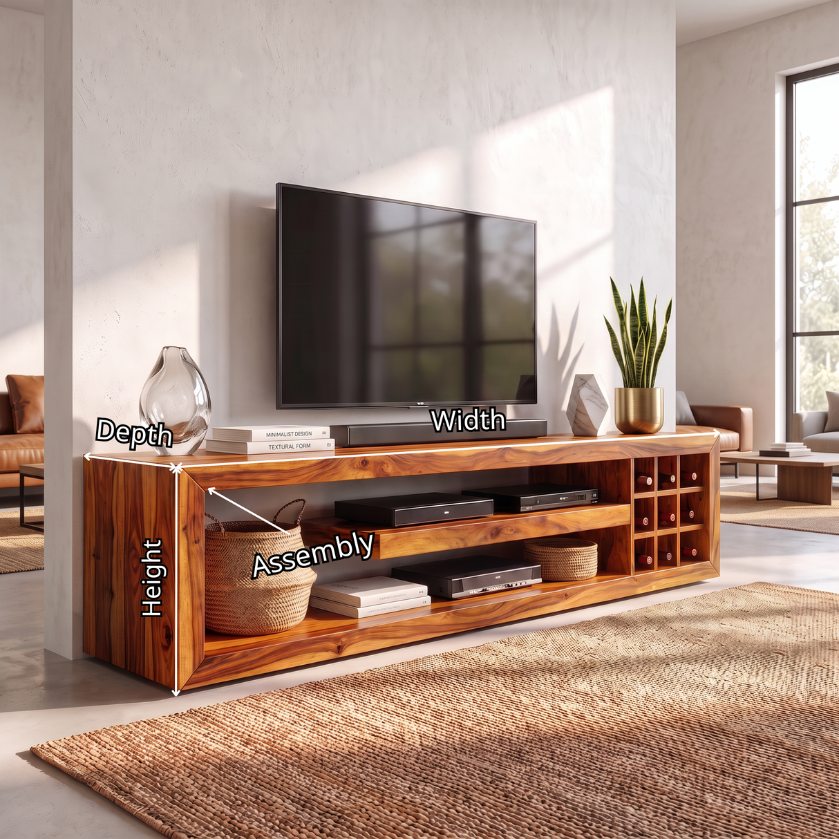 TV Console Solid Wood with Open Media Shelves and Side Cubby Storage for Living Room