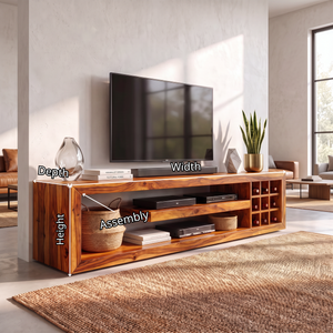 TV Console Solid Wood with Open Media Shelves and Side Cubby Storage for Living Room