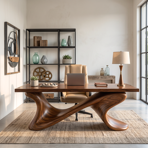 Sculptural Solid Wood Executive Desk with Flowing Cross Base