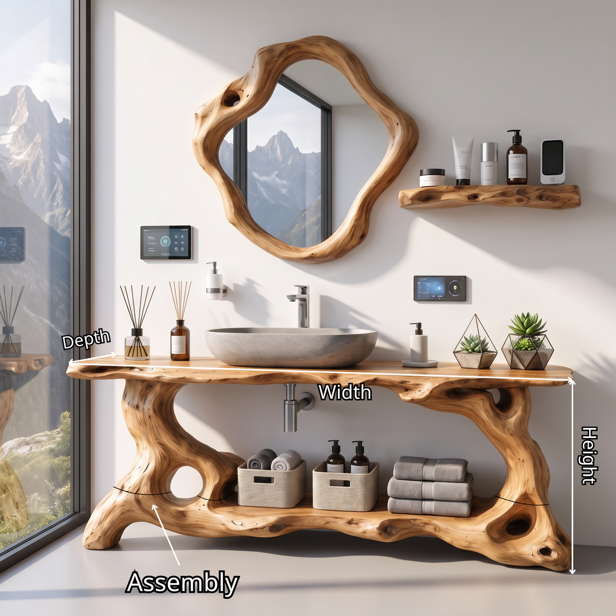 Bathroom Vanity Solid Wood with Organic Root Base and Open Shelf Storage