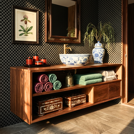 Modern Wood Bathroom Vanity with Open Shelves and Drawer Storage
