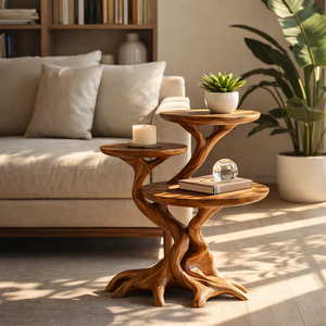 Root Form Three Level Wood Accent Table with Sculptural Branch Base