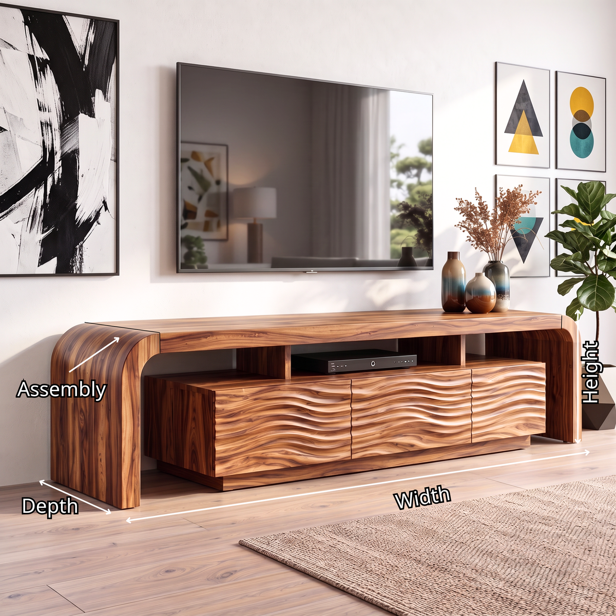 TV Stand with Waterfall Edge Frame and Sculpted Ripple Cabinet Doors