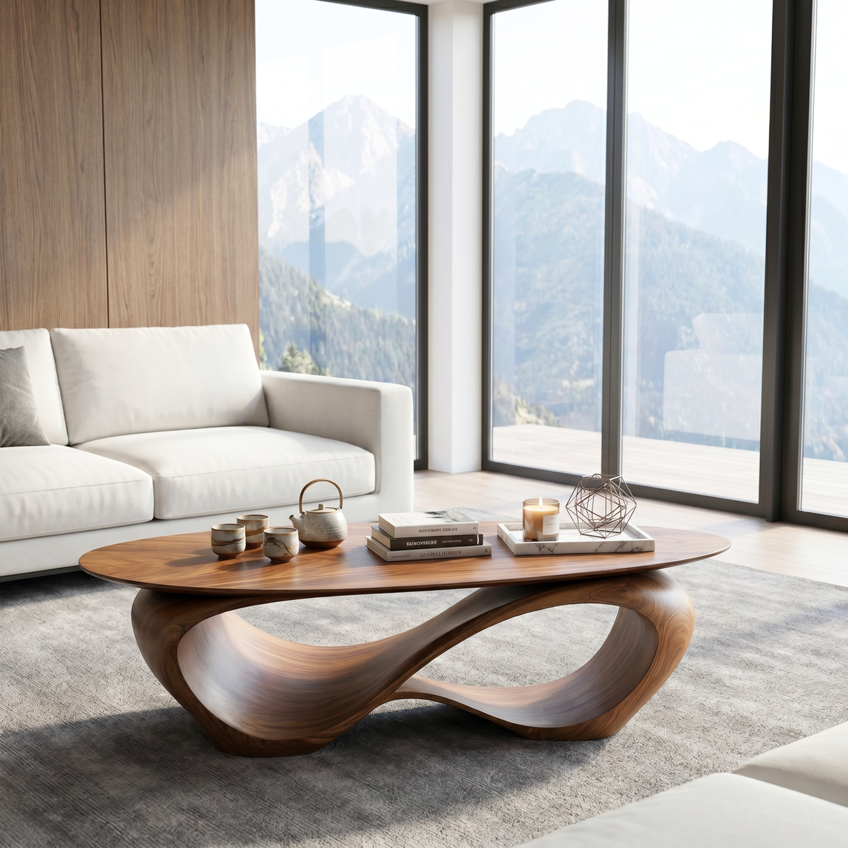 Solid Wood Coffee Table with Twisted Hollow Wave Base for Living Room