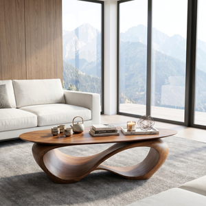 Solid Wood Coffee Table with Twisted Hollow Wave Base for Living Room