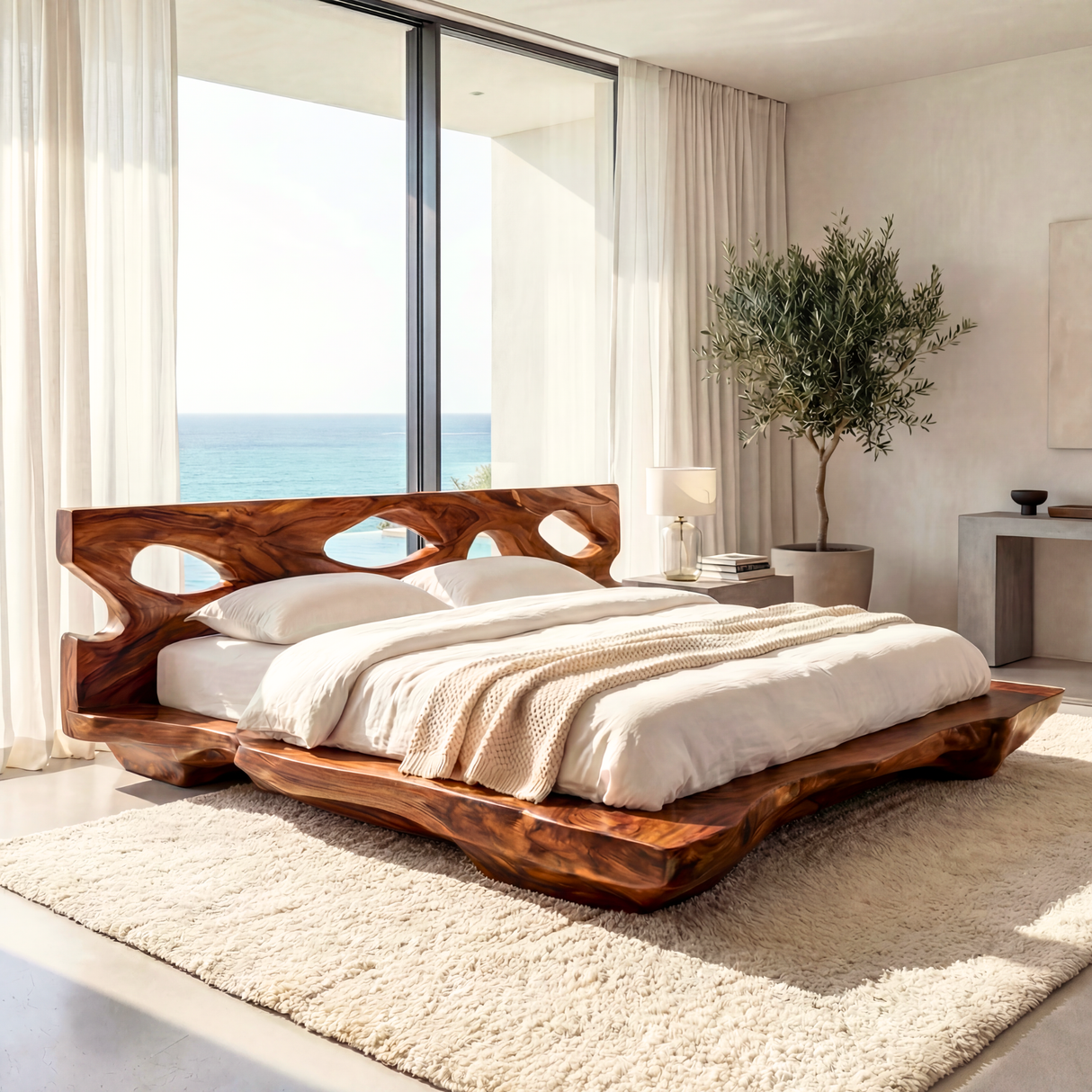 Sculptural Solid Wood Bed with Openwork Headboard and Low Platform Base