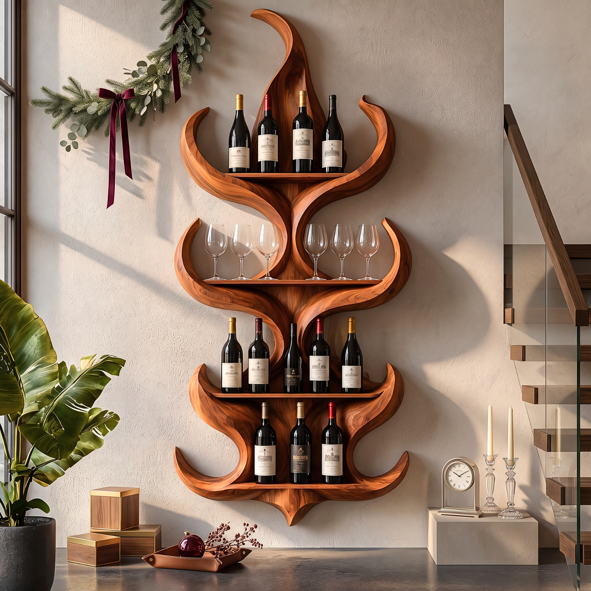 Flame Silhouette Solid Wood Wall Wine Rack with Four Display Tiers