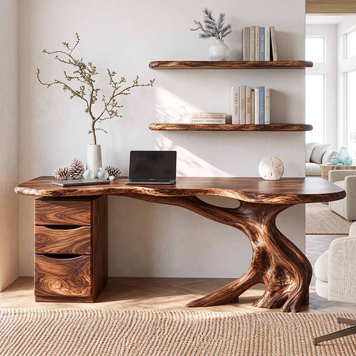 Live Edge Solid Wood Desk with Sculptural Tree Base and Three Drawer Storage