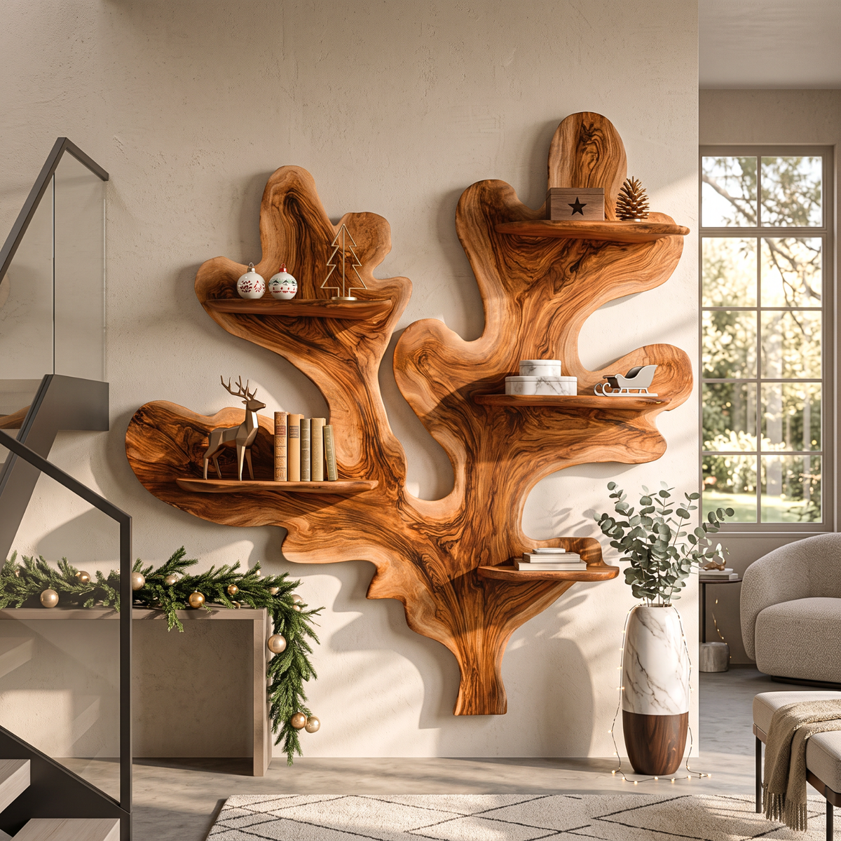 Sculptural Solid Wood Wall Shelf with Organic Branch and Leaf Design