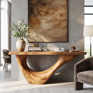 Console Table Solid Wood with Sweeping Open Crescent Base