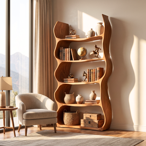 Organic Wavy Bookshelf Handmade Sculptural Wooden Display Shelf Modern Storage Unit