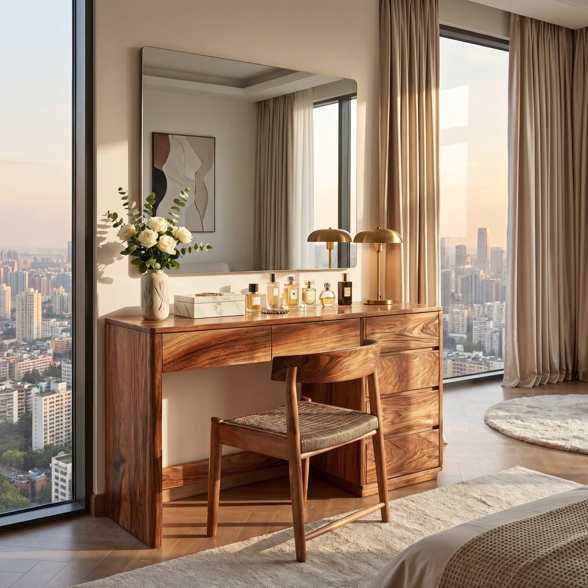 Wood Vanity Table with Side Drawers, Minimalist Dressing Table for Modern Bedrooms
