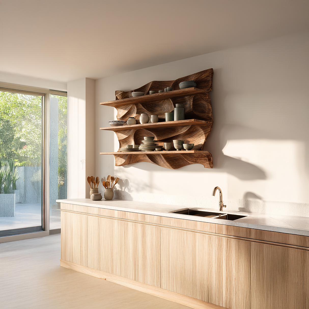Sculpted Solid Wood Wall Shelf for Organic Modern Interiors