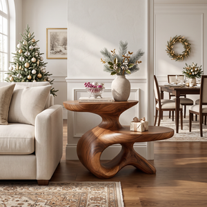 Sculptural Solid Wood Side Table with Two Tier Shelves and Organic Loop Base