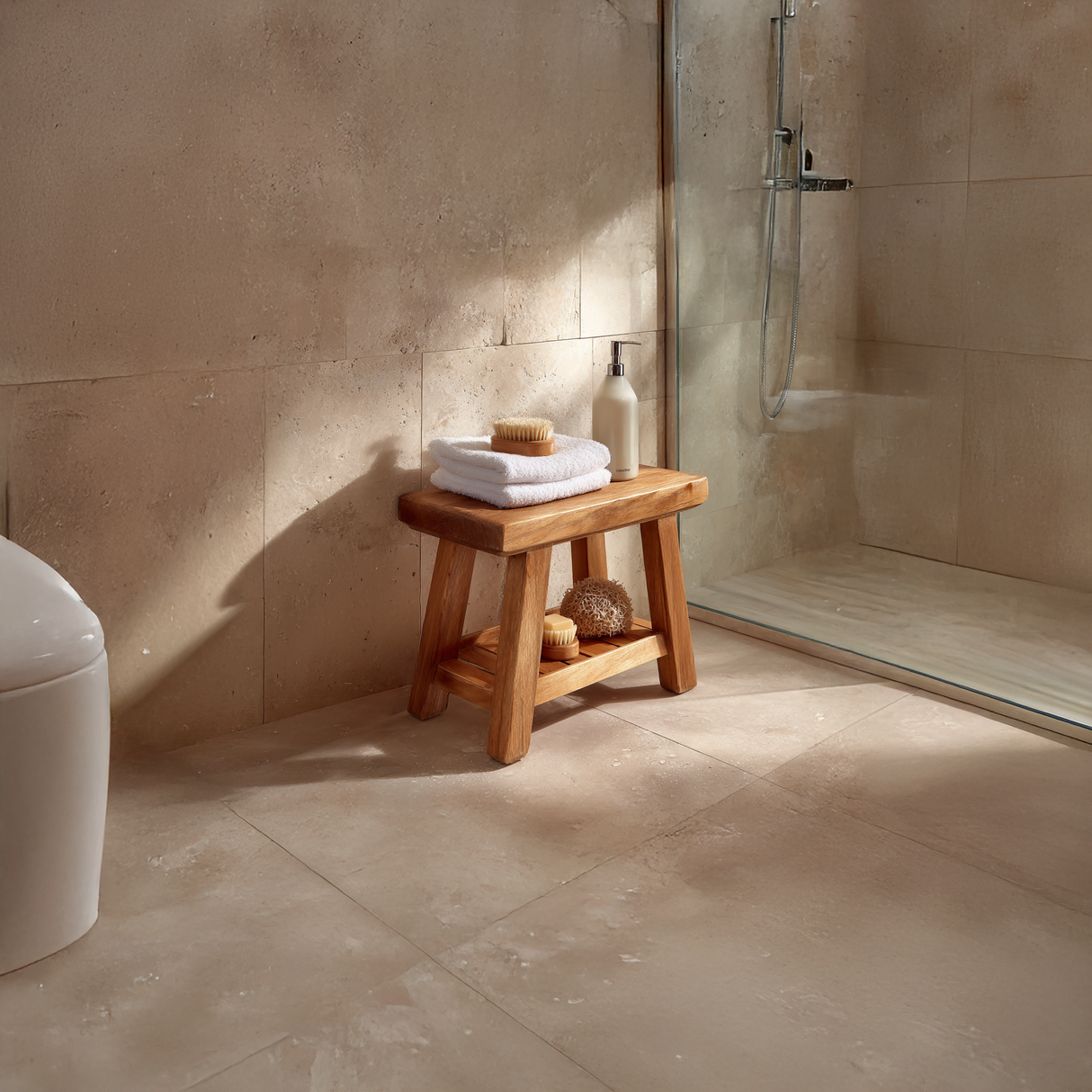 Handcrafted Solid Wood Shower Stool with Storage Rack