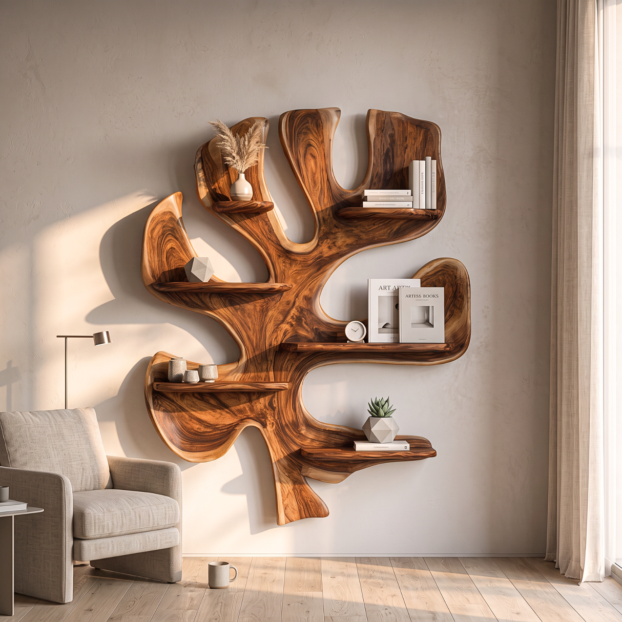 Solid Wood Tree Wall Shelf Sculpture, Organic Wall Mounted Display Shelf Decor