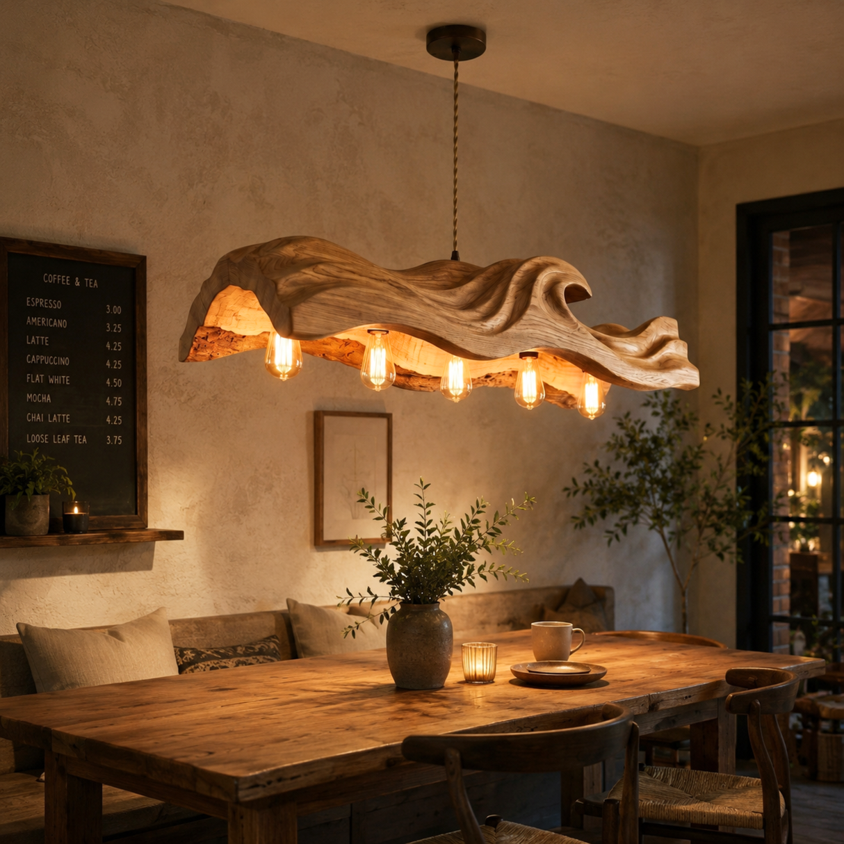 The Handcrafted Organic Wood Pendant Light with Wave Carved Form and Exposed Bulbs