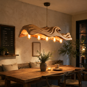 The Handcrafted Organic Wood Pendant Light with Wave Carved Form and Exposed Bulbs