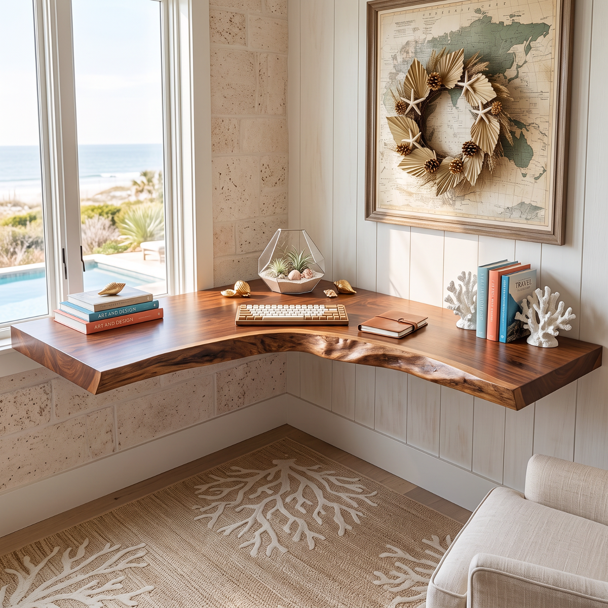 Live Edge Solid Wood Floating Corner Desk with Organic L Shaped Design
