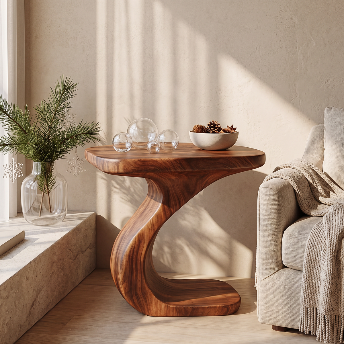 Sculptural Solid Wood Side Table with Built-In Book Storage
