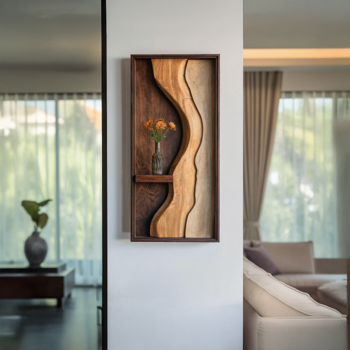 Organic Solid Wood Wall Sculpture with Floating Shelf