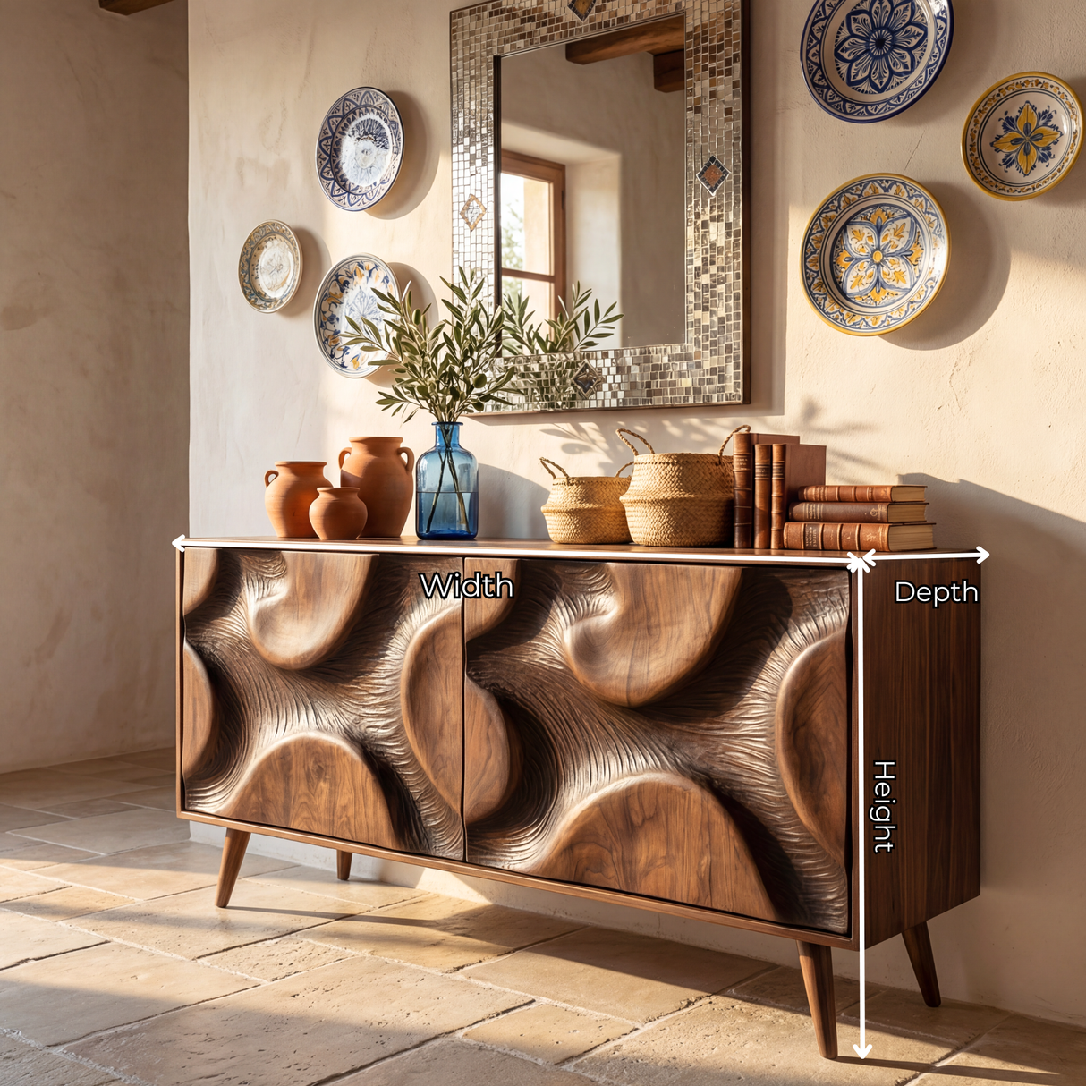 Sculpted Relief Solid Wood Sideboard Cabinet for Living and Dining