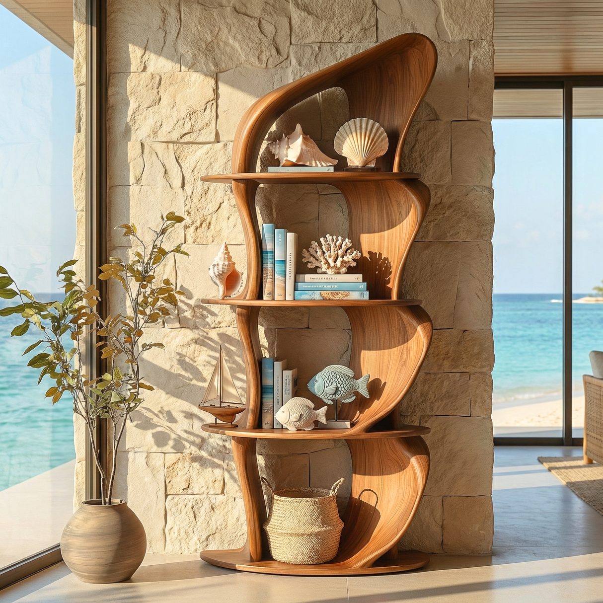 Solid Wood Sculptural Bookshelf with Asymmetrical Curves for Organic Modern Interiors