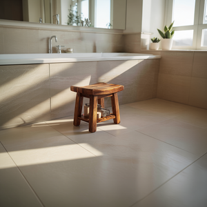 Compact Solid Wood Bath Stool with Lower Shelf