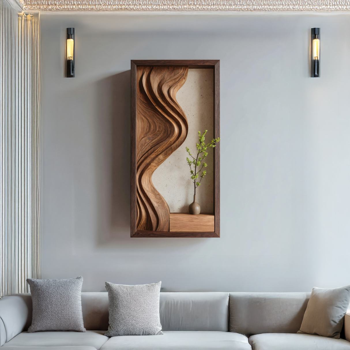 Framed Sculpted Solid Wood Wall Art with Integrated Display Shelf