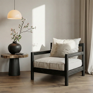 Japanese Style Solid Wood Lounge Chair Handmade Zen Armchair with Cushion