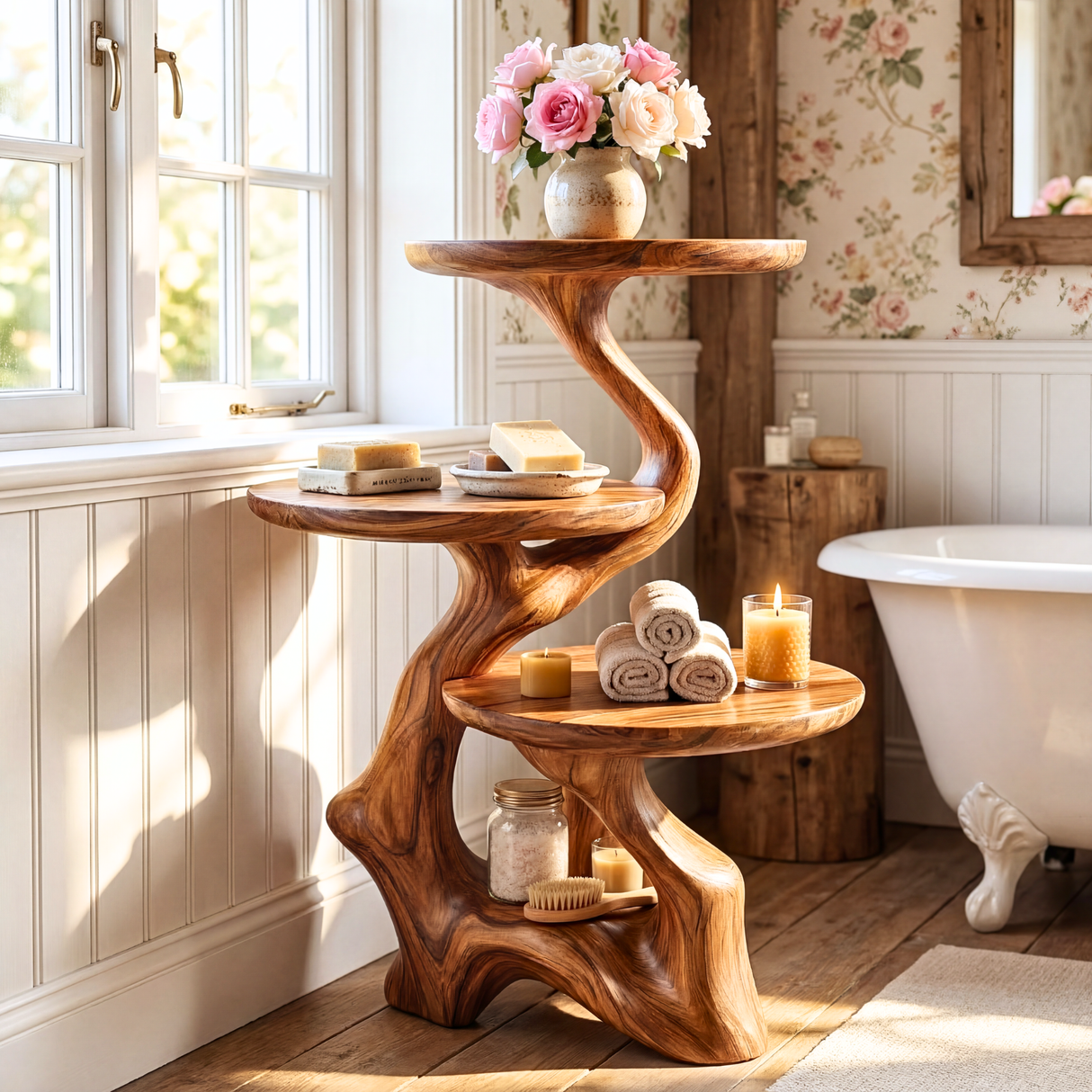 Tree Root Spa Side Table Handmade Wooden Bathroom Accent Shelf