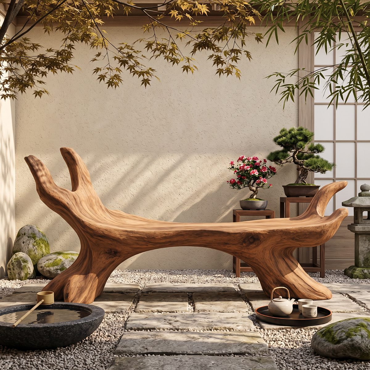 Organic Solid Wood Bench with Sculptural Branch Form