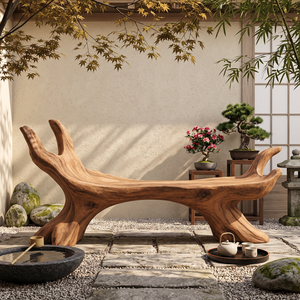 Organic Solid Wood Bench with Sculptural Branch Form
