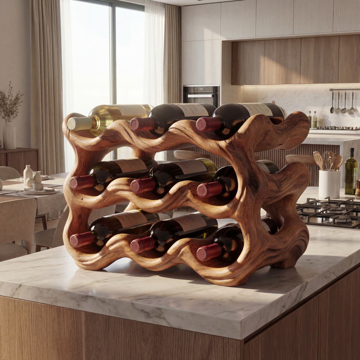Modern Sculptural Solid Wood Wine Rack Wave Carved Multi Level Bottle Holder for Countertop