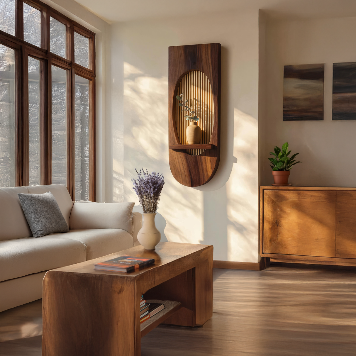 Oval Solid Wood Wall Panel with Slatted Backdrop & Floating Shelf