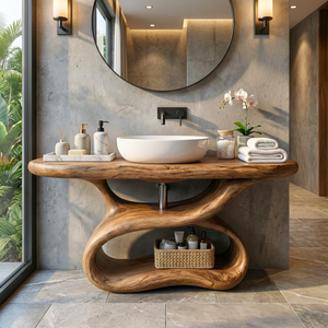 Sculptural Solid Wood Bathroom Vanity with Open Shelf Base