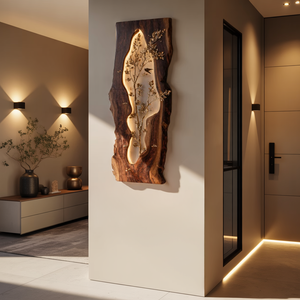 Illuminated Live Edge Wood Wall Art with Botanical Metal Inlay