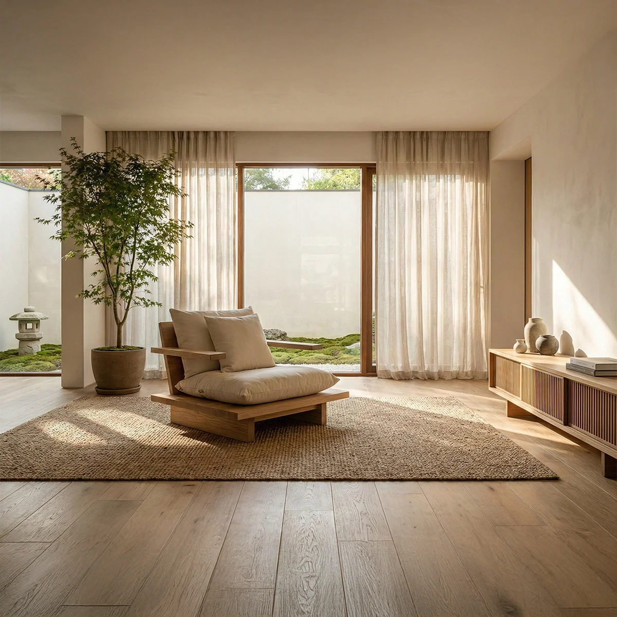 Low Solid Wood Floor Lounge Chair with Arms Japandi Wooden Accent Chair