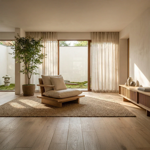 Low Solid Wood Floor Lounge Chair with Arms Japandi Wooden Accent Chair