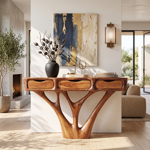 Console Table Solid Wood with Three Drawers and Sculptural Branch Base