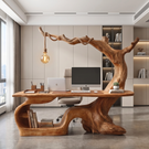 Handmade Solid Wood Tree Desk With Hanging Lamp Organic Modern Sculptural Office Table